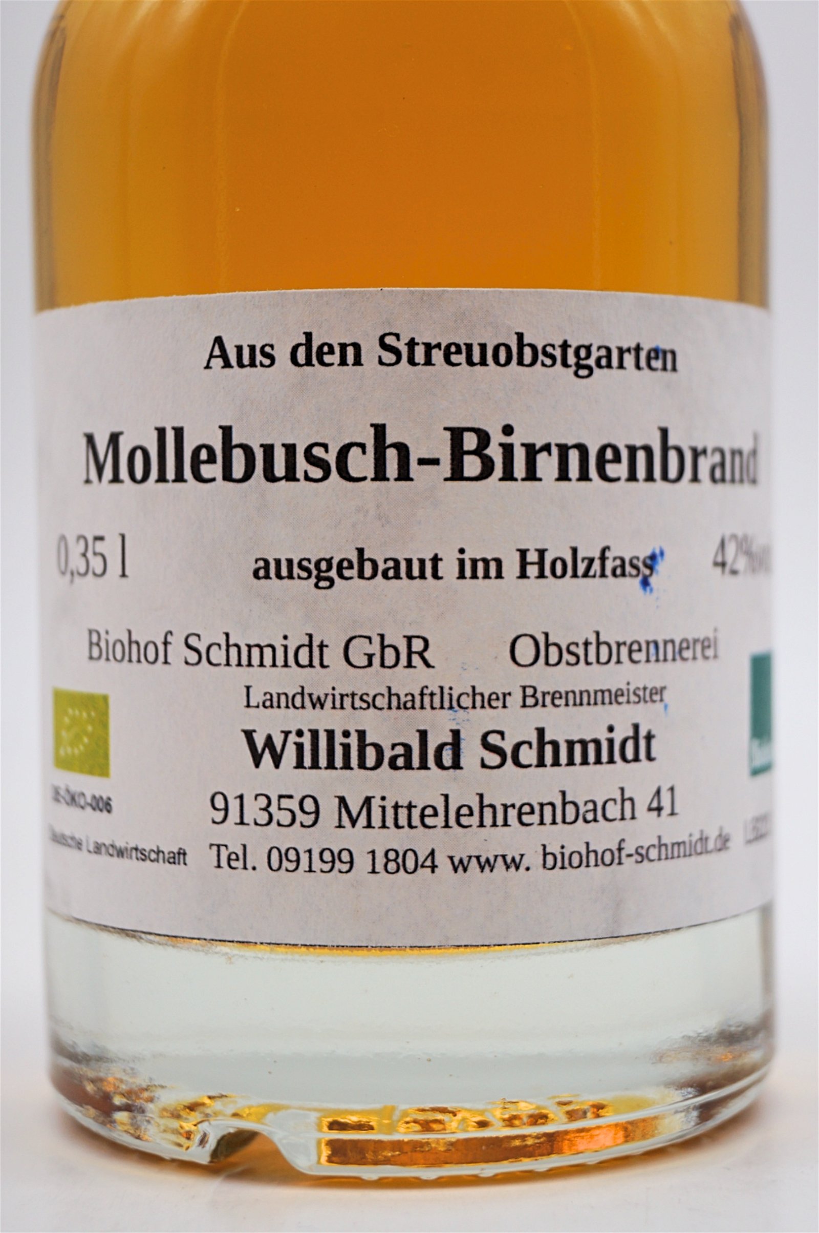 Obstbrennerei Biohof Schmidt Bio Mollebusch-Birnenbrand ausgebaut im Holzfass